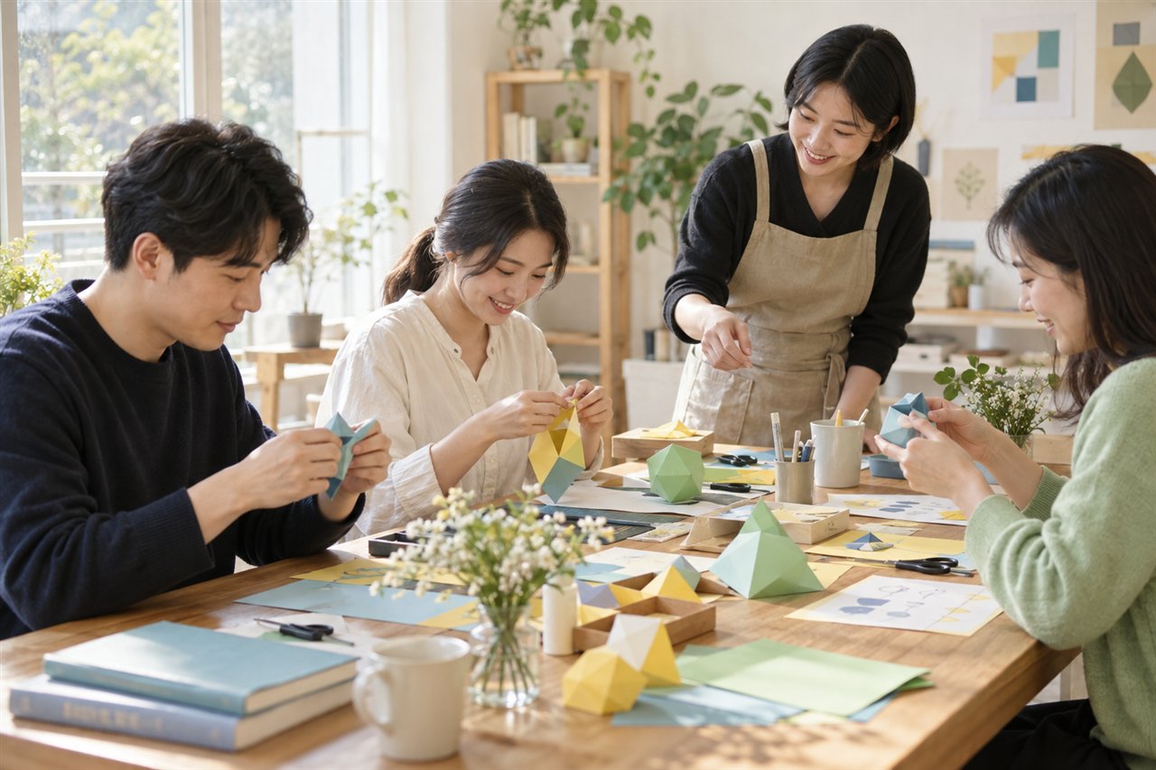 종이 공작에 함께 참여하는 소규모 성인 워크숍을 표현한 생성 이미지